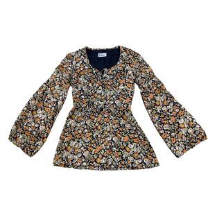 Vtg 100% Synthetics 70s Hippie Tunic Women 38 Bell Sleeve Orange Green Floral